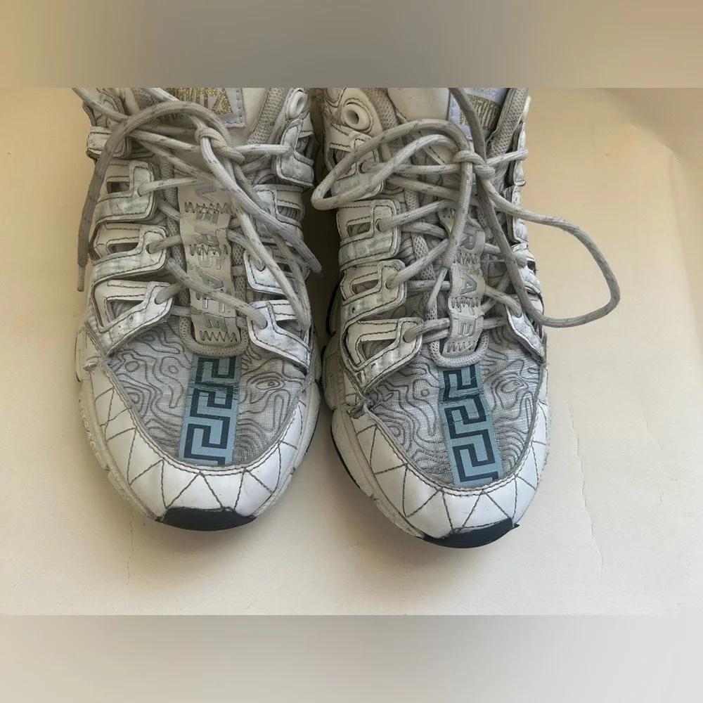 Versace White and Gray Men's Runner Sneakers with Gold Accents